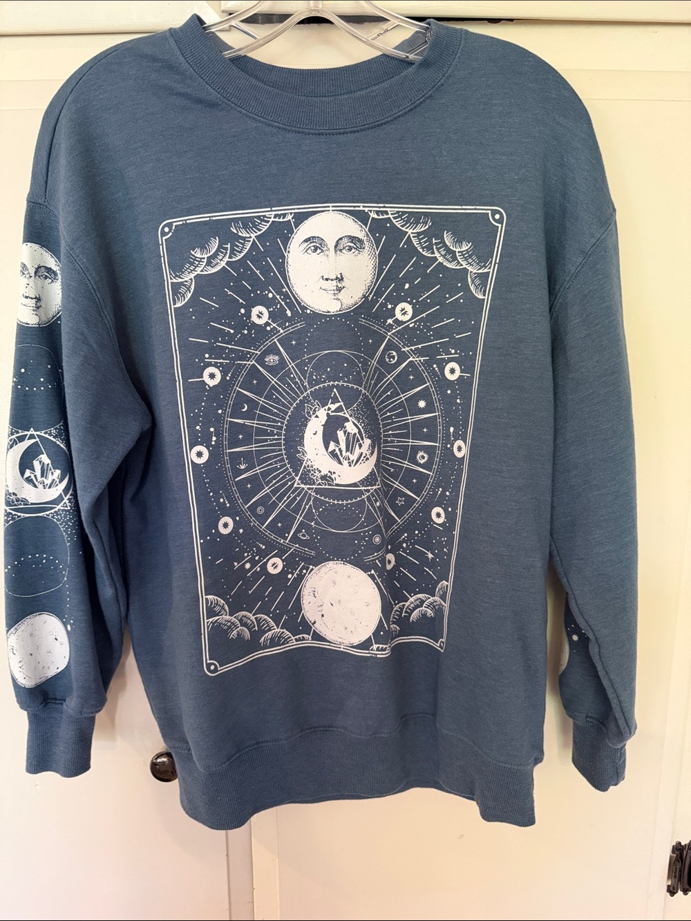 Rebellious One Dusty Blue Crewneck Sweatshirt with White Celestial Print